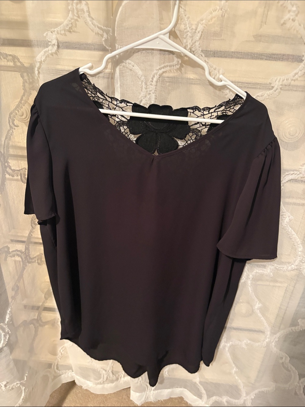 Lace-Back Flutter Sleeve Blouse - Black